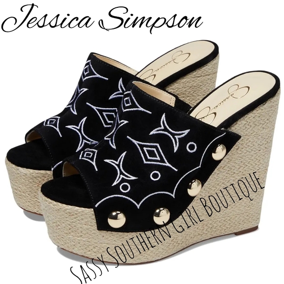 🆕⭐ Jessica Simpson suede black white embroidered wedges - Picture 1 of 12
